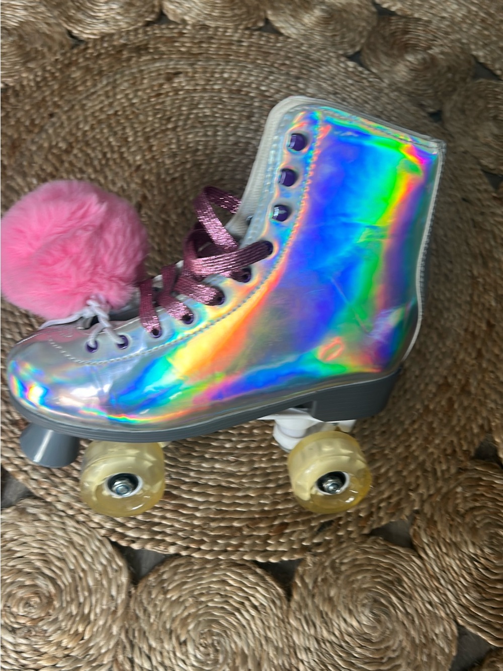 C&C California Holographic High-Top Roller Skate with Pink Pom and Purple Laces